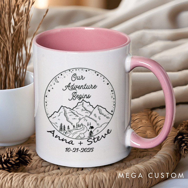 Personalized Rustic Mountain Our Adventure Begins Newlyweds Wedding Couple Mugs