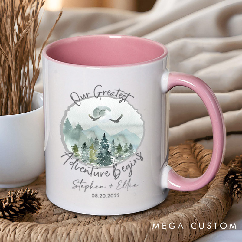Personalized Romantic Nature Our Greatest Adventure Begins Wedding Couple Mugs