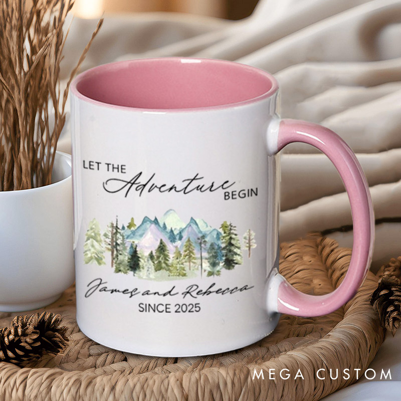 Personalized Mountain Scenic Let the Adventure Begin Newlyweds Wedding Couple Mugs