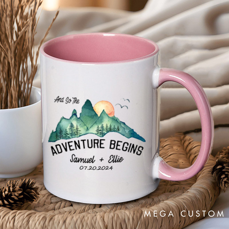 Personalized Scenic And So The Adventure Begins Newlyweds Wedding Couple Mugs