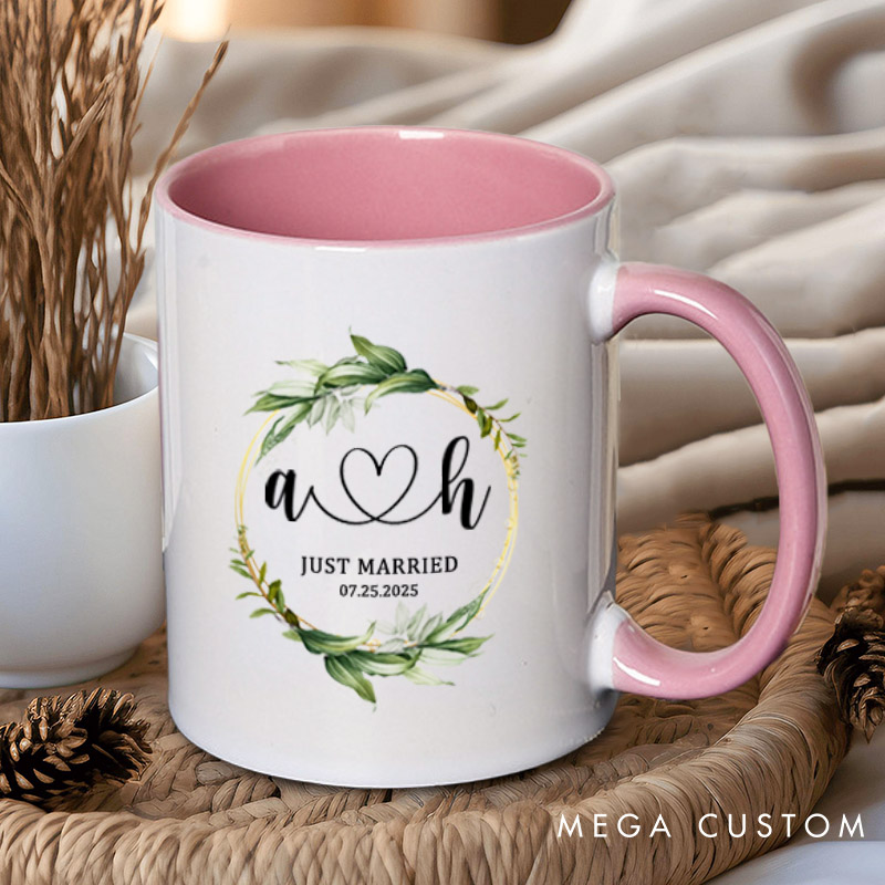 Personalized Romantic Botanical Just Married with Initials Wedding Couple Mugs