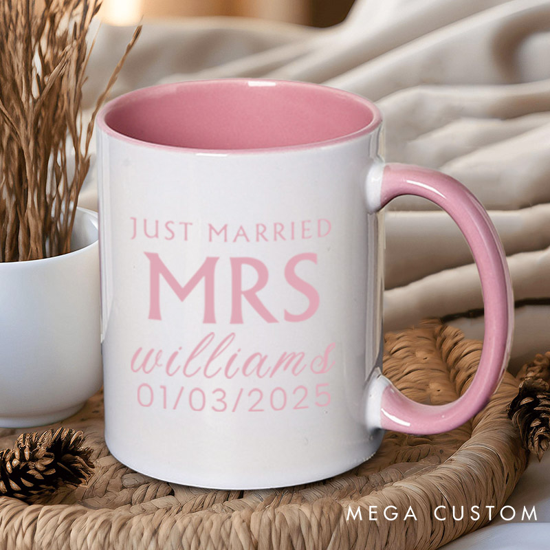Personalized Minimalist Just Married Mr and Mrs Wedding Couple Mugs