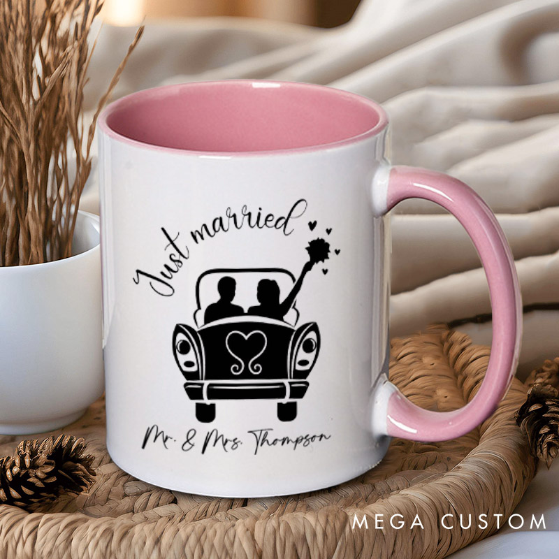 Personalized Romantic Just Married with Wedding Car Wedding Couple Mugs