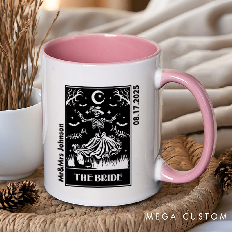 Personalized Whimsical Tarot Card Skeleton Bride and Groom Wedding Couple Mugs