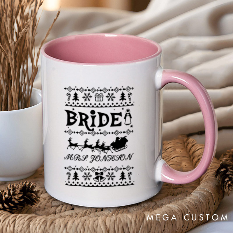 Personalized Christmas Bride and Groom with Reindeer and Sleighs Matching Wedding Couple Mugs