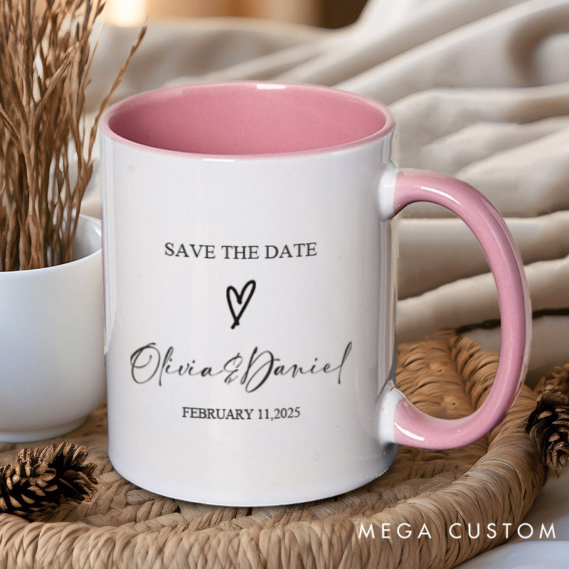 Personalized Save The Date with Your Names and Heart Wedding Couple Mugs