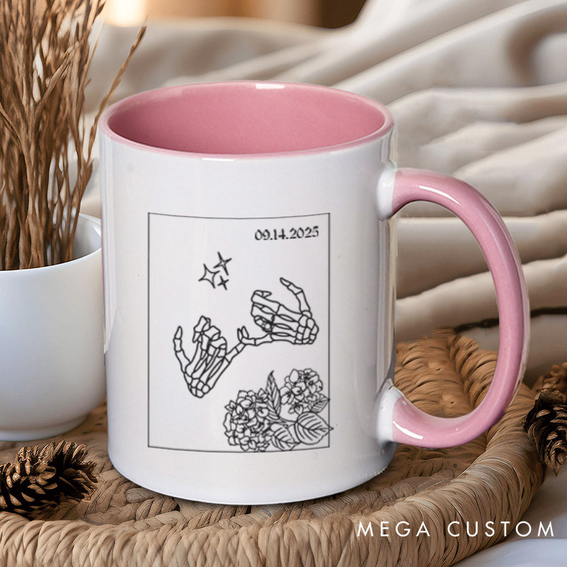 Personalized Unique Skeleton Finger Hooks and Floral Wedding Couple Mugs