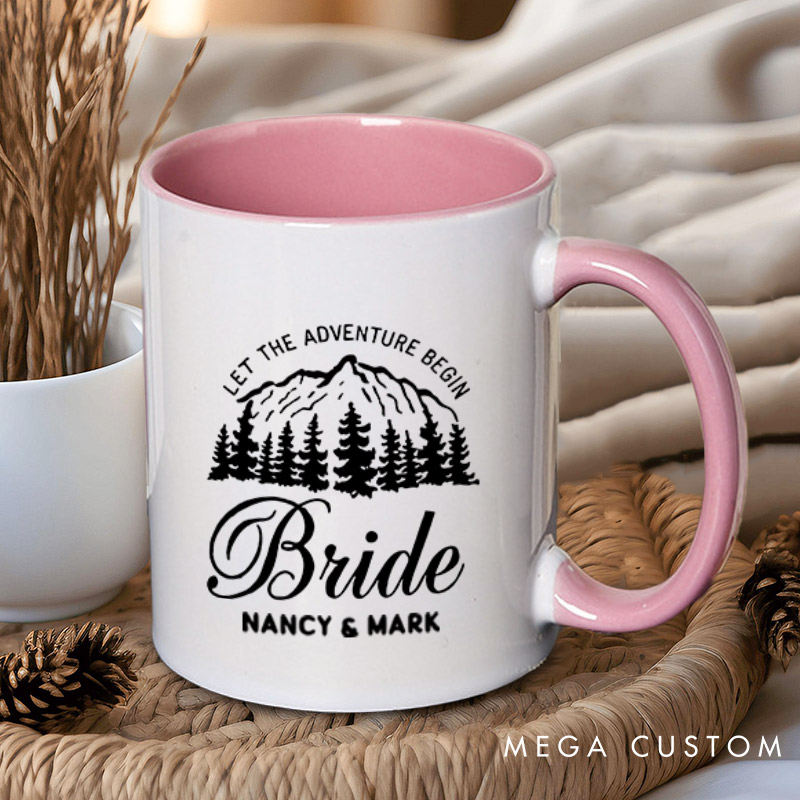 Personalized Mountain Serene Let The Adventure Begin Bride and Groom Wedding Couple Mugs