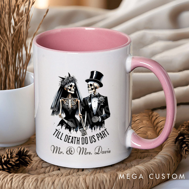 Personalized Til Death Do Us Part Skeleton Bride and Groom Matching Wedding Couple Mugs