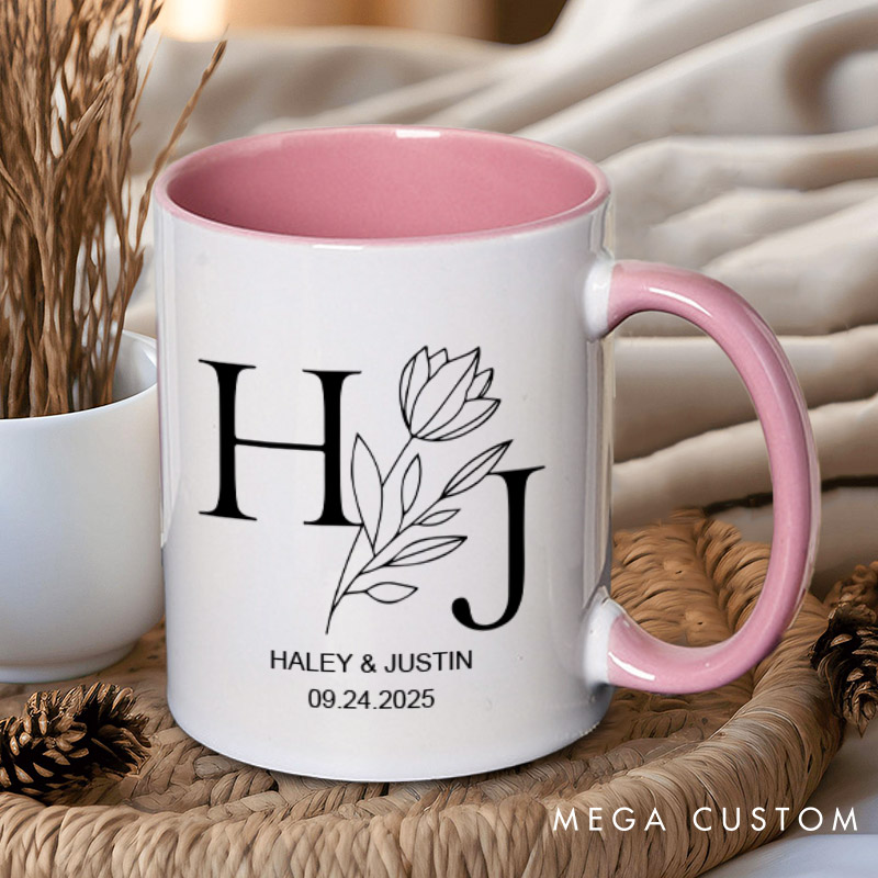 Personalized Elegant Floral with Initials Wedding Couple Mugs