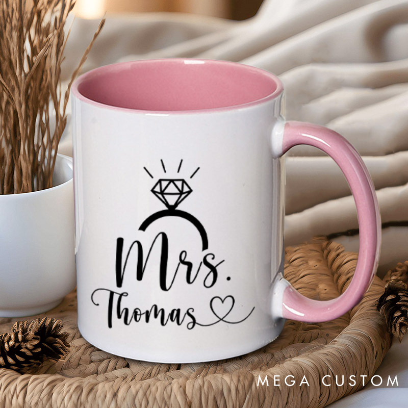 Personalized Elegant Mr and Mrs with Diamond Ring Wedding Couple Mugs
