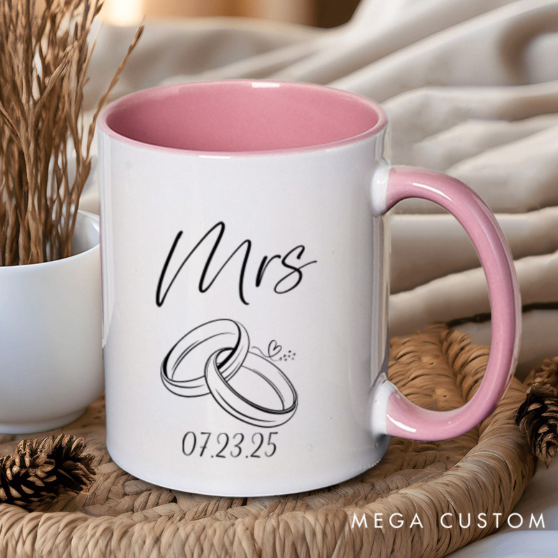 Personalized Minimalist Mr and Mrs with Rings and Heart Wedding Couple Mugs