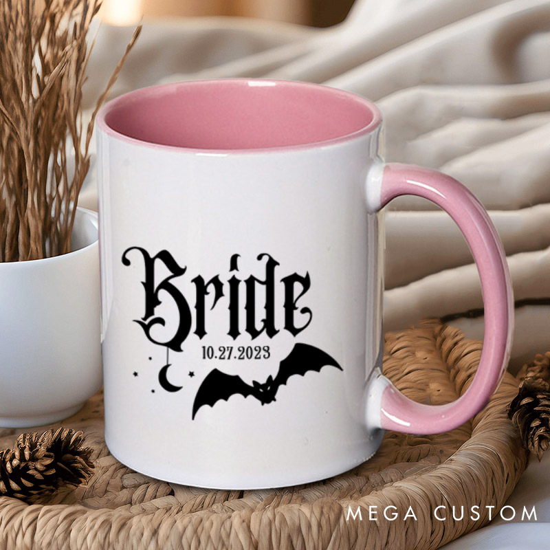 Personalized Halloween Gothic Bride and Groom with Bat and Moon Matching Wedding Couple Mugs