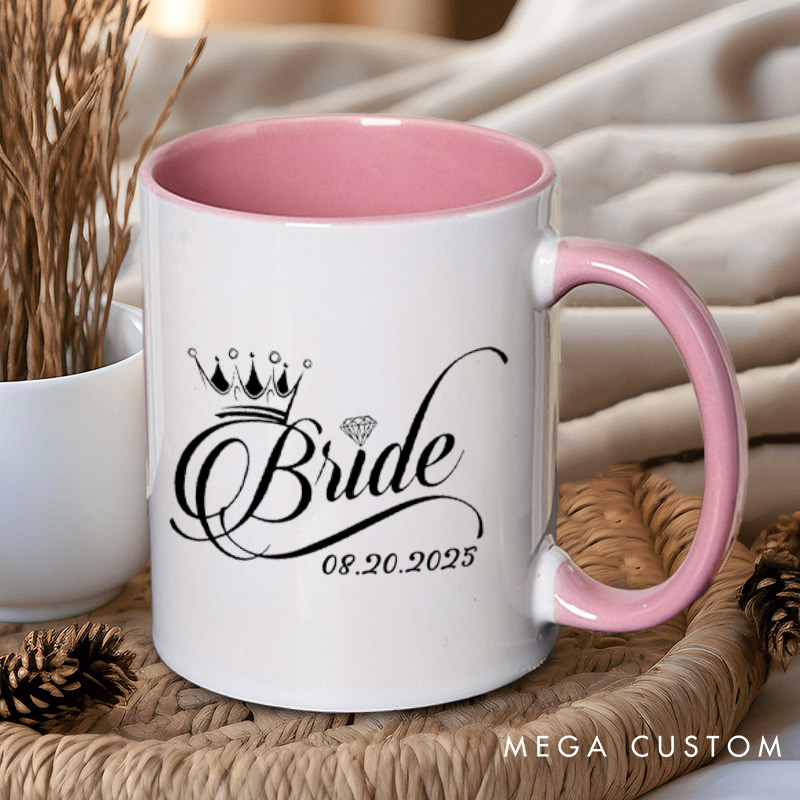 Personalized Regal Bride and Groom with Crowns and Date Matching Wedding Couple Mugs
