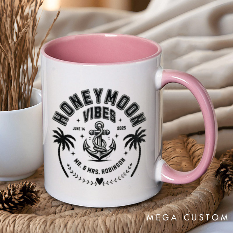 Personalized Nautical Honeymoon Vibes with Anchor and Palm Trees Matching Honeymoon Couple Mugs