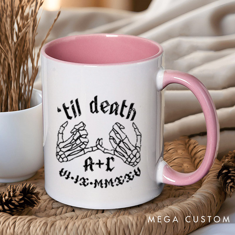 Personalized Til Death Skeleton Finger Hooks with Initials and Dates Matching Wedding Couple Mugs