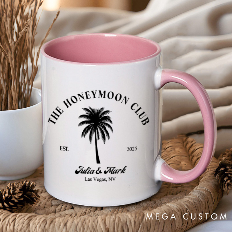 Personalized Tropical The Honeymoon Club with Palm Tree Matching Honeymoon Couple Mugs
