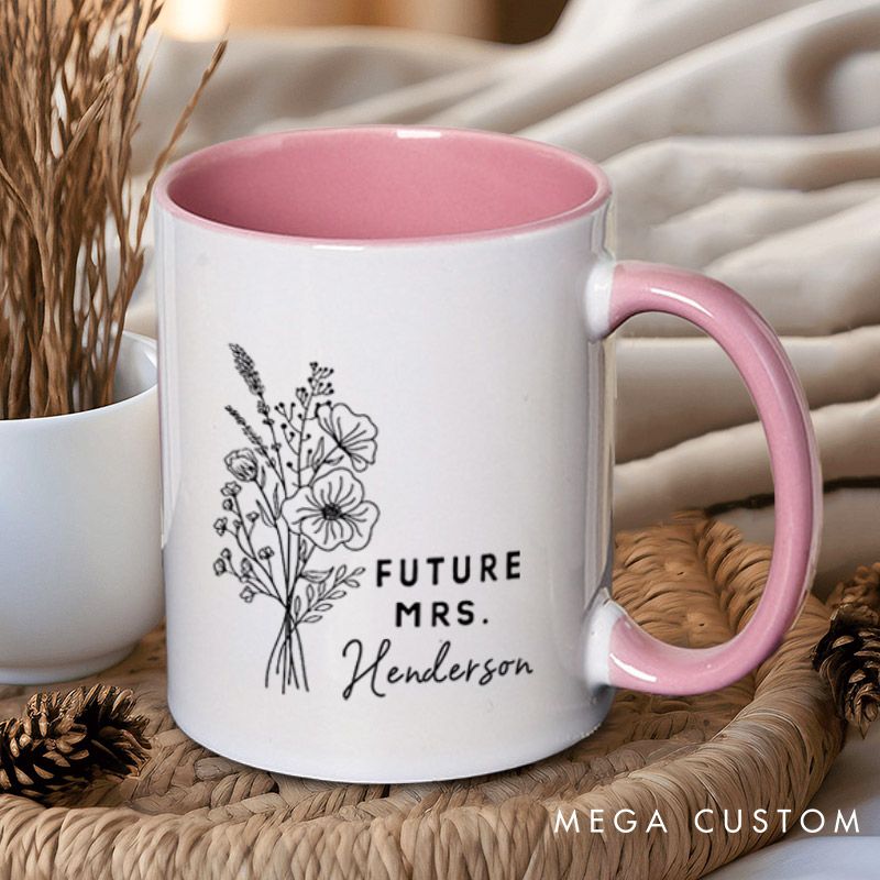 Personalized Elegant Hand-Drawn Morning Glory Flowers Future Mers Fiancee Engagement Fiancée Mugs
