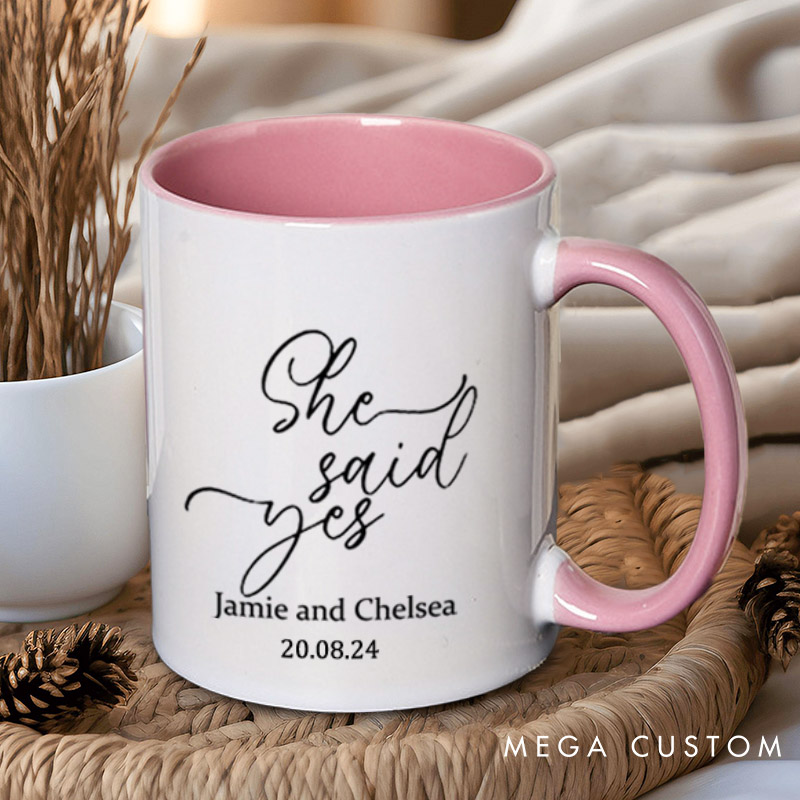 Personalized He Asked and She Said Yes Engagement Couple Mugs