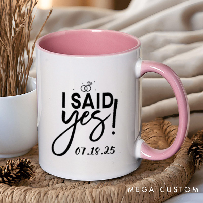 Personalized Elegant I Asked and I Said Yes Engagement Announcement with Rings Engagement Couple Mugs