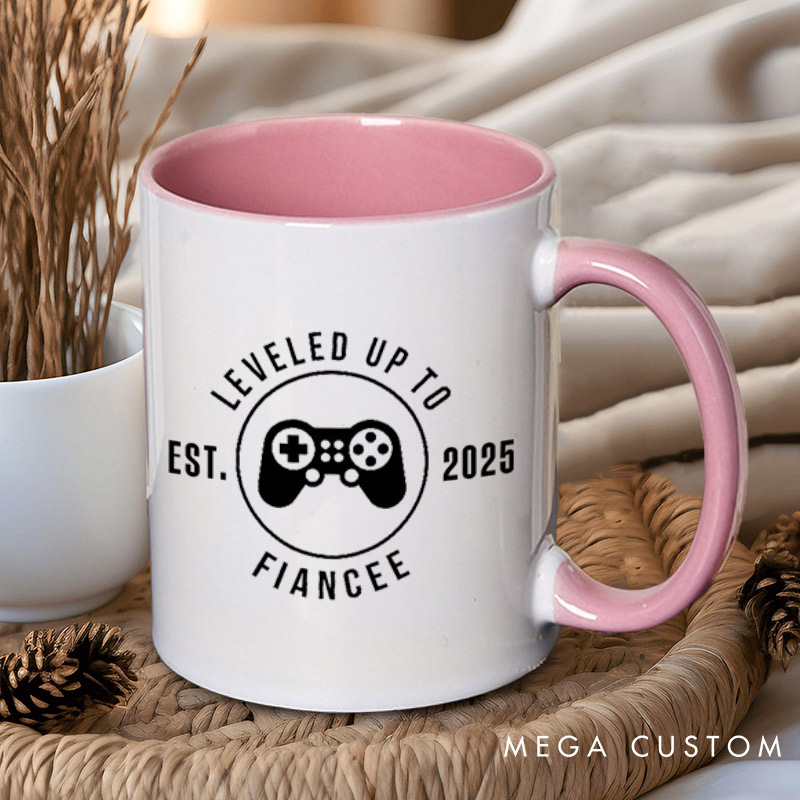 Personalized Leveled Up to Fiancée and Fiancé with Gaming Controller Engagement Couple Mugs