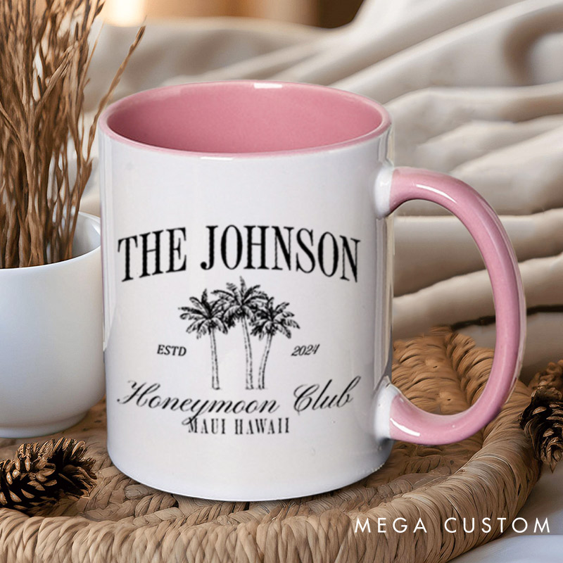 Personalized Classic Honeymoon Club with Palm Trees Matching Honeymoon Couple Mugs