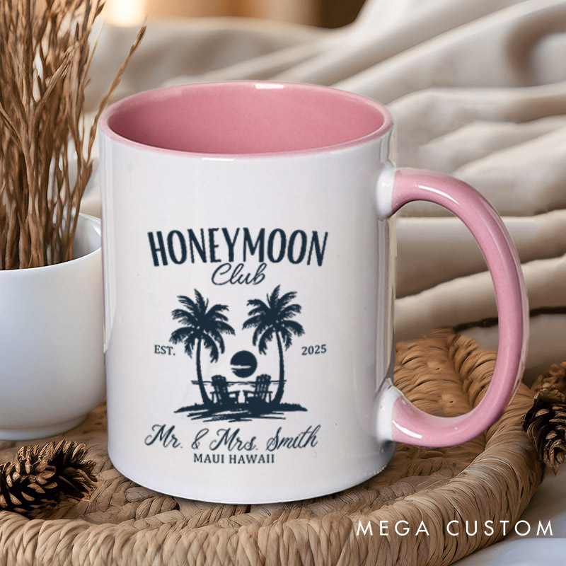 Personalized Vintage Tropical Honeymoon Club with Sunset Matching Honeymoon Couple Mugs
