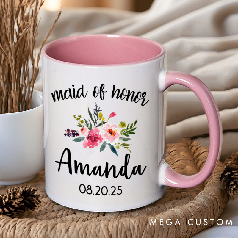 Personalized Colorful Floral Maid of Honor Mug Bridesmaid Mug with Name Bachelorette Party Mug Bridesmaid Proposal Gift Bridal Shower Mug