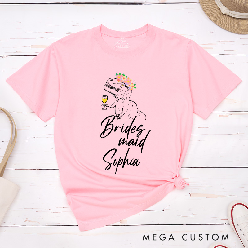 Personalized Bride Floral Crown Dinosaur with Drink Matching T-Shirt Bridesmaid T-Shirt Maid of Honor Wedding Day T-Shirt Bachelorette Party Gift