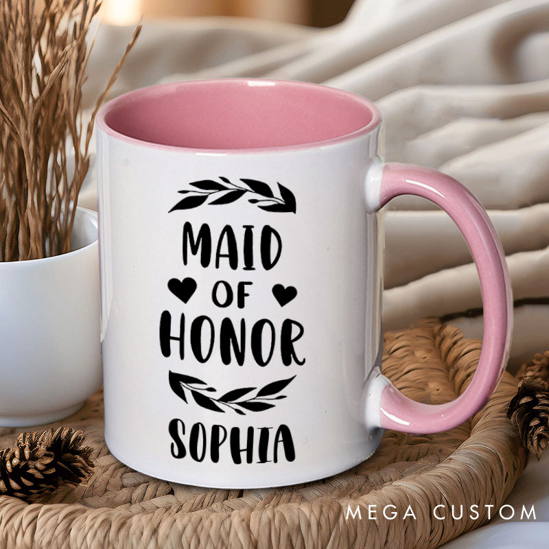 Personalized Maid of Honor with Wreath and Heart Mug Bridesmaid Mug with Name Bachelorette Party Mug Bridesmaid Proposal Gift Bridal Shower Mug