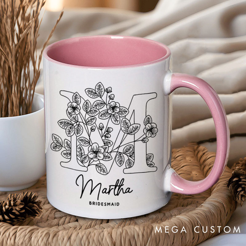 Personalized Minimalist Bridesmaid Floral Initials Mug Maid of Honor Name Mug Bachelorette Party Mug Bridesmaid Proposal Gift Bridal Shower Mug