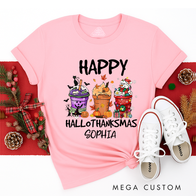 Personalized Classic T-Shirts Happy Hallothanksmas and Christmas Tee Coffee Pumpkin Spice Iced Tee