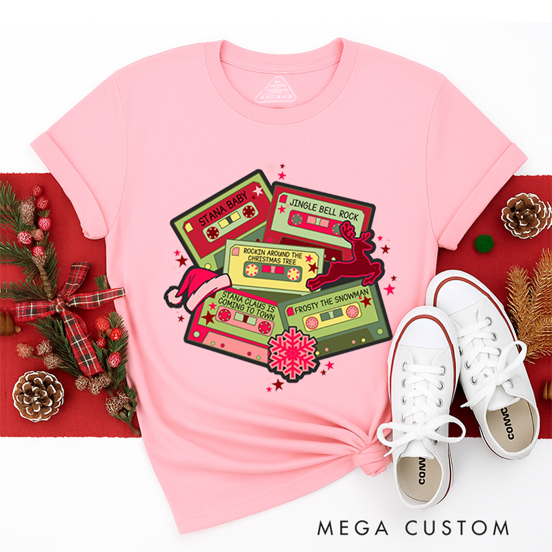 Personalized Classic T-Shirts Christmas Music Cassette Tapes Tee Christmas Songs and Party Tee Retro Music Cassette Tapes