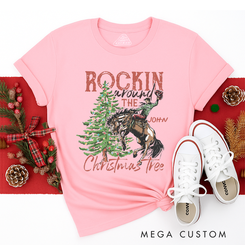 Personalized Classic T-Shirts Rocking Around the Christmas Tree Tee Retro Christmas Western Cowboy Christmas Tee