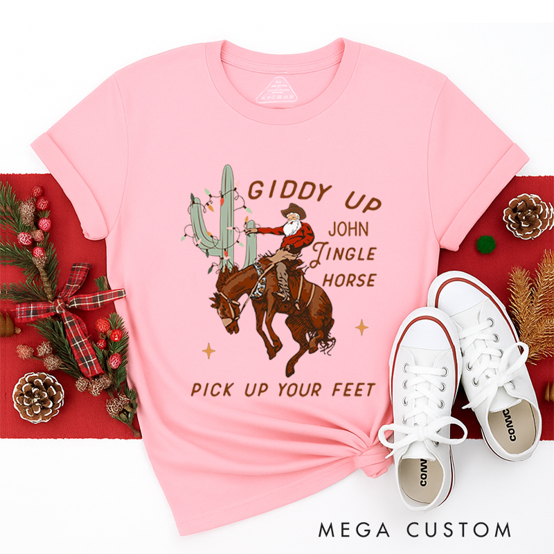 Personalized Classic T-Shirts Cowboy Christmas Tee Giddy Up Jingle Horse Pick Up Your Feet Howdy Country Christmas Horse Tee
