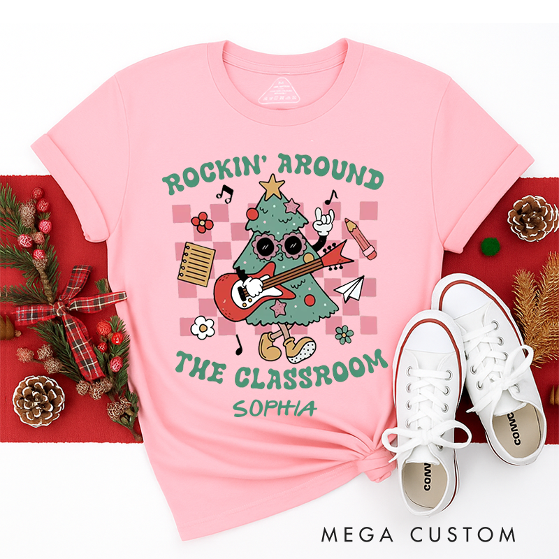Personalized Classic T-Shirts Rockin Around the Classroom Christmas Tee
