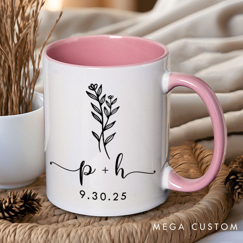 Personalized Couple Minimalist Floral Mug with Initials Custom Couple Coffee Mug with Date Valentine's Day Mug for Husband Wife Boyfriend Girlfriend