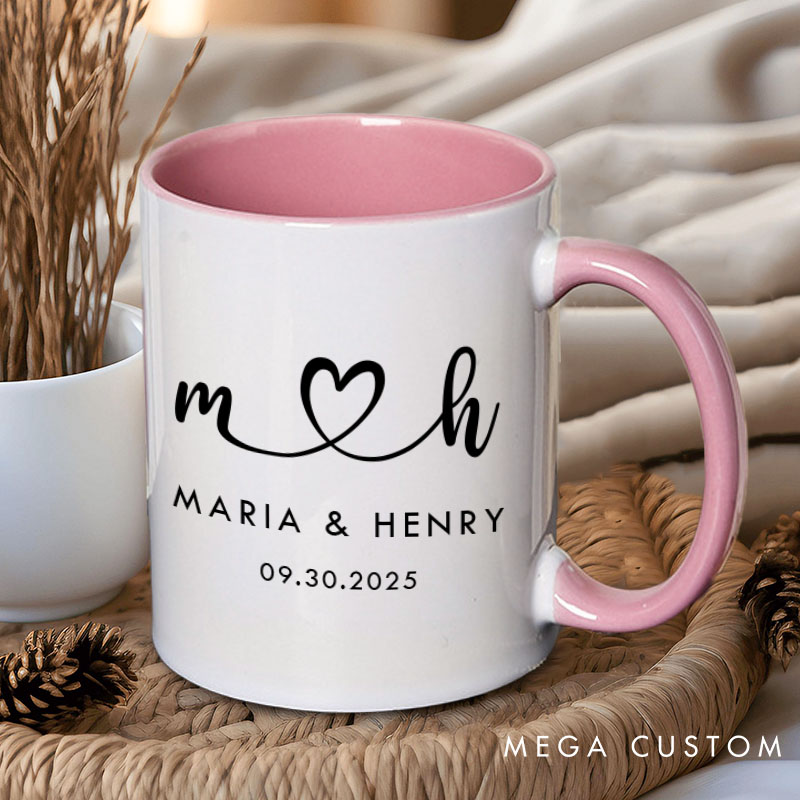 Personalized Couple Initials Heart Mug Custom Couple Name Coffee Mug with Date Valentine's Day Mug for Husband Wife Boyfriend Girlfriend