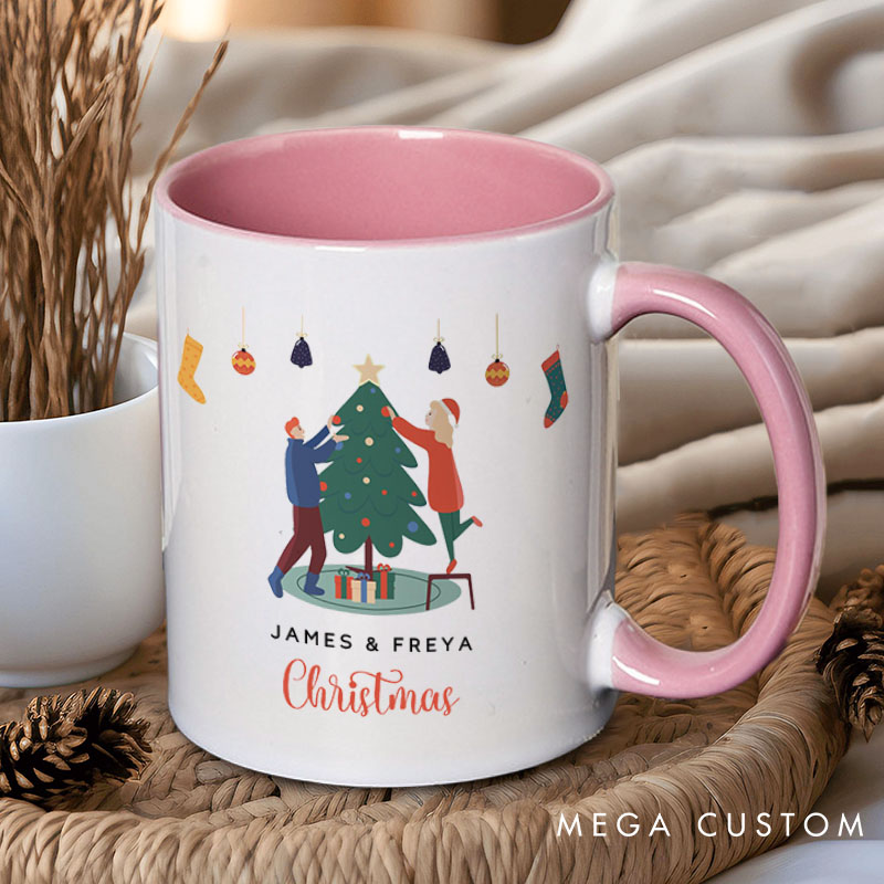 Personalized Couple Decorating a Christmas Tree Mug Custom Couple Name Xmas Coffee Mug Christmas Mug for Husband Wife Boyfriend Girlfriend