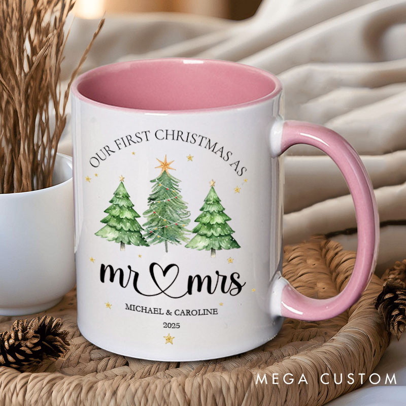 Personalized Couple Our First Christmas as Mr. and Mrs. Mug Custom Couple Xmas Tree Coffee Mug with Name Christmas Mug for Husband Wife Hubby Wifey