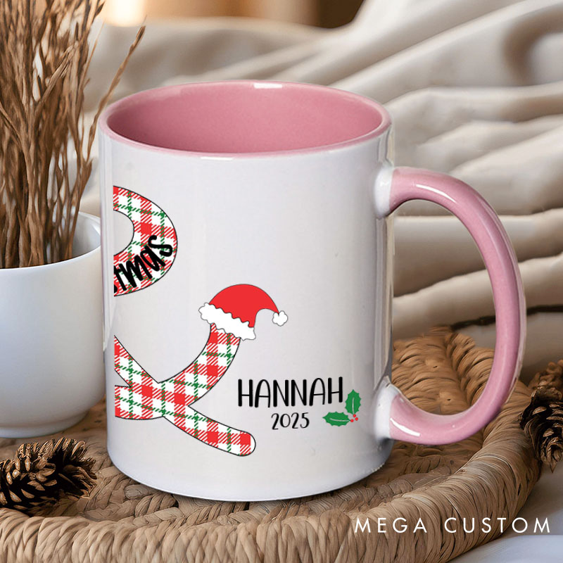Personalized Couple Plaid with Christmas Hat Mug Custom Couple Name Xmas Coffee Mug Christmas Mug for Husband Wife Boyfriend Girlfriend