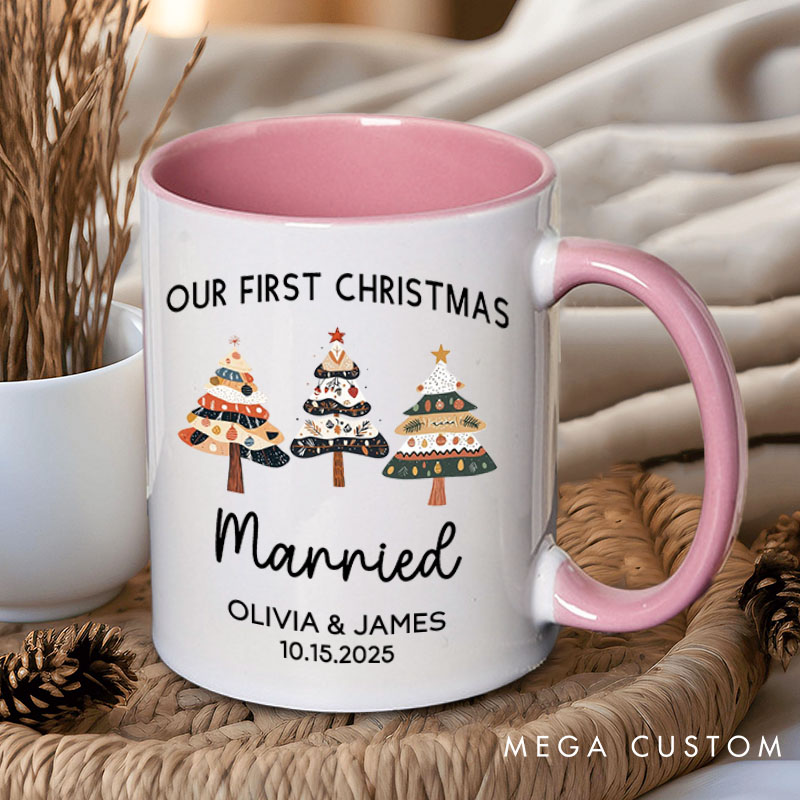 Personalized Couple Our First Christmas Married Mug Custom Newlyweds Name Xmas Tree Coffee Mug Christmas Mug for Husband Wife Hubby Wifey