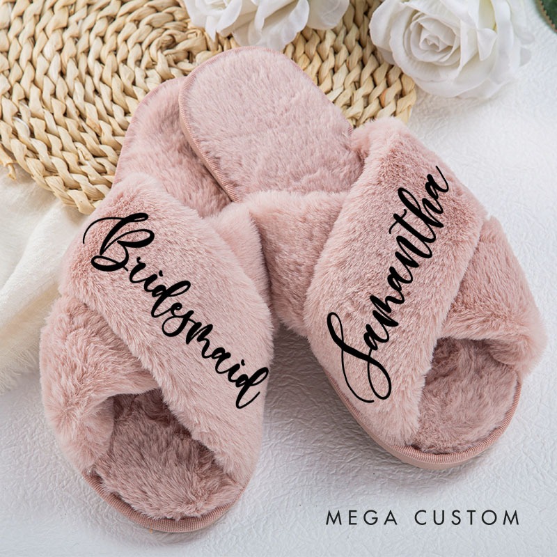 Personalized Elegant Bridesmaid Fluffy Slippers with Name Custom Bride Name Slipper Maid of Honor Slippers Bridal Shower Gift Bachelorette Party Gift