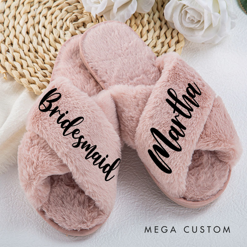 Personalized Stylish Bridesmaid Fluffy Slippers with Name Custom Bride Name Slipper Maid of Honor Slippers Bridal Shower Gift Bachelorette Party Gift