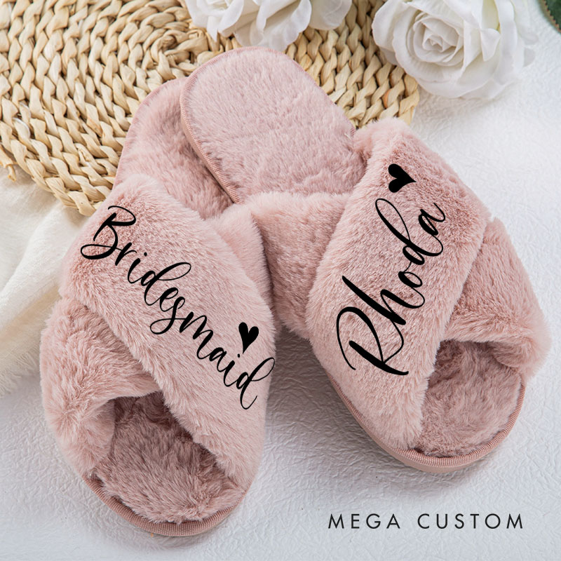Personalized Bridesmaid Fluffy Slippers Custom Bride Name and Heart Slipper Maid of Honor Slippers Bridal Shower Gift Bachelorette Party Gift for Her
