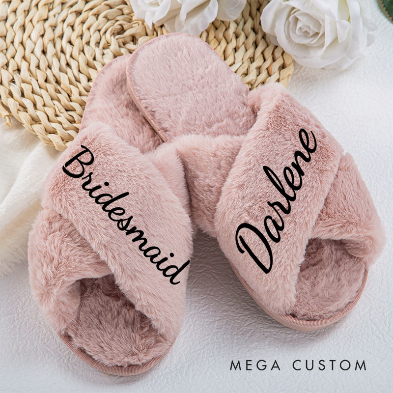 Personalized Luxurious Bridesmaid Fluffy Slippers Custom Bride Name Slipper Maid of Honor Slippers Bridal Shower Gift Bachelorette Party Gift for Her