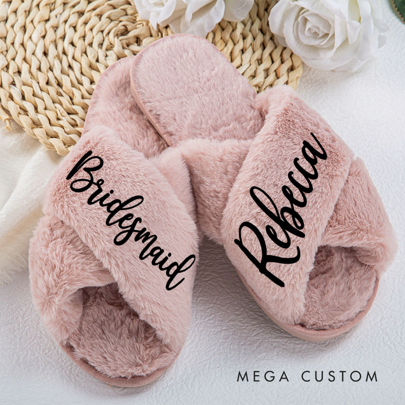 Personalized Bridesmaid Fluffy Slippers Custom Bride Name Fluffy Slipper Maid of Honor Slippers Bridal Shower Gift Bachelorette Party Gift for Her