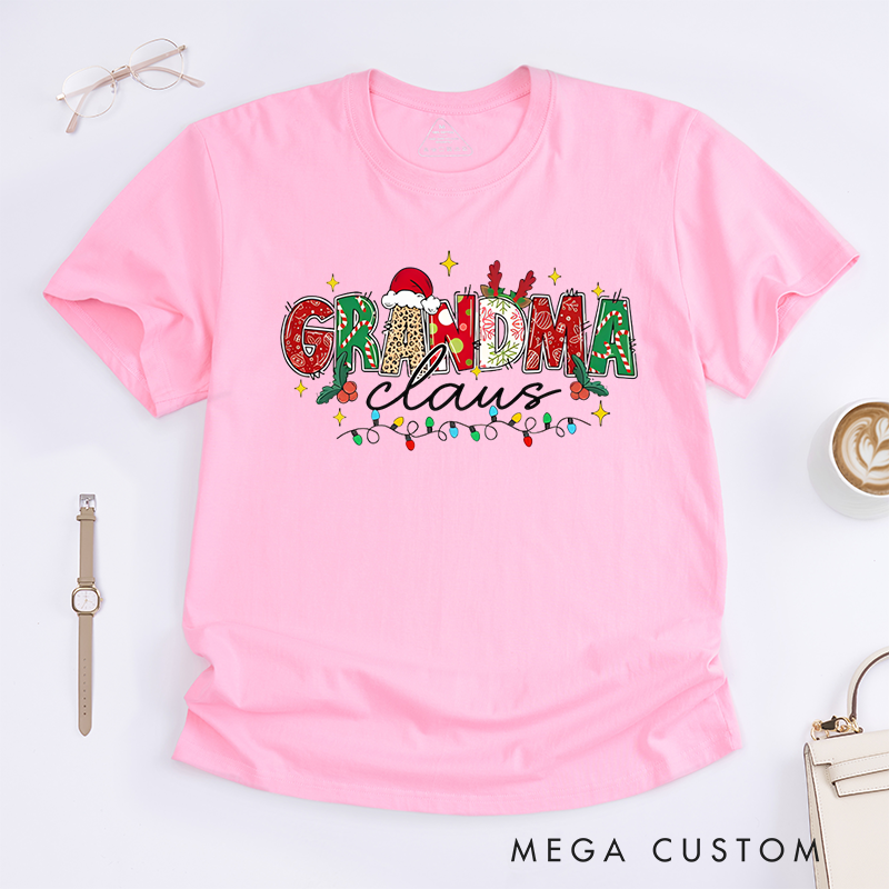 Personalized Christmas Mama Gigi Nana Claus Classic T-Shirt with Santa Hat and Reindeer Antler Decorations