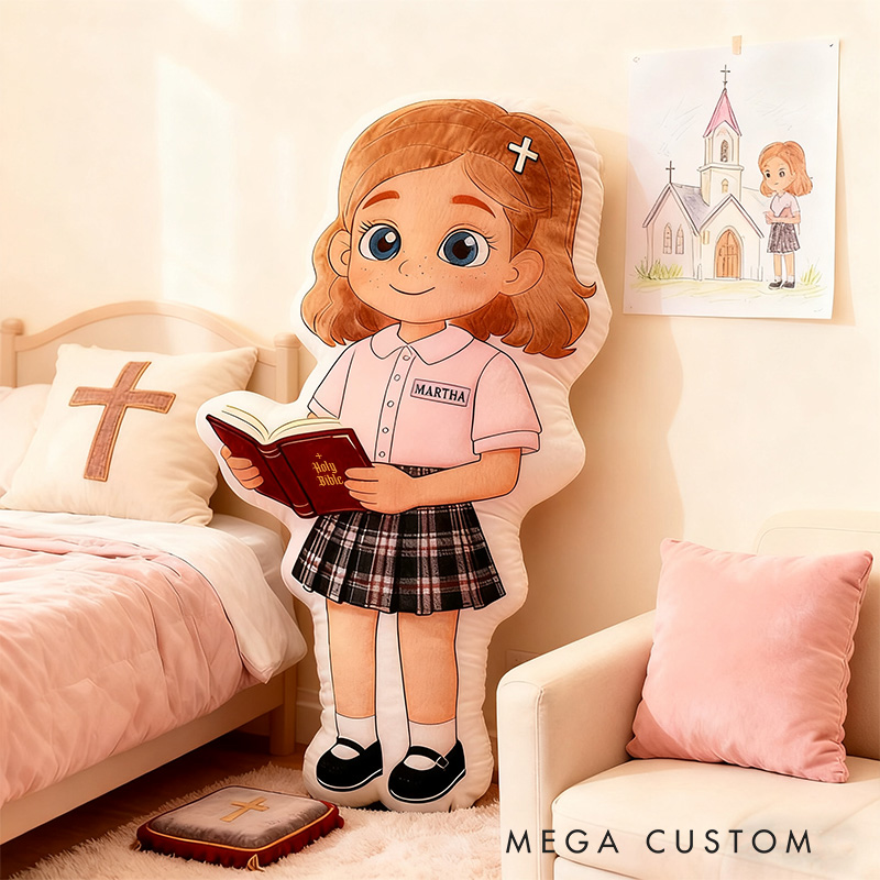 Personalized Cartoon Girl Holding Bible Pillow with Custom Name and Skin Tone Shirt Kids Room Decor Religious Baptisms Gift for Kids Graphic 3D Print