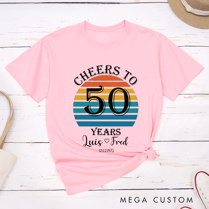 Personalized Couple 50th Anniversary T-Shirt Retro Sunset Anniversary Shirts Cheers to 50 Years T-Shirts for Husband Wife